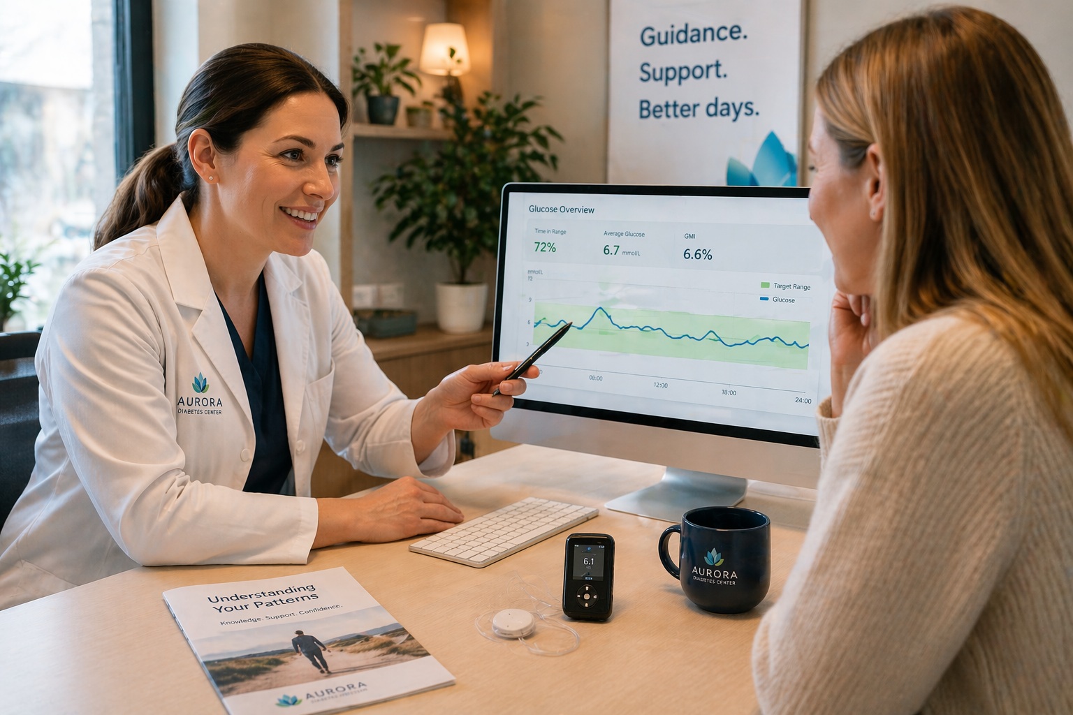 Clinician in white coat supporting diabetes patient